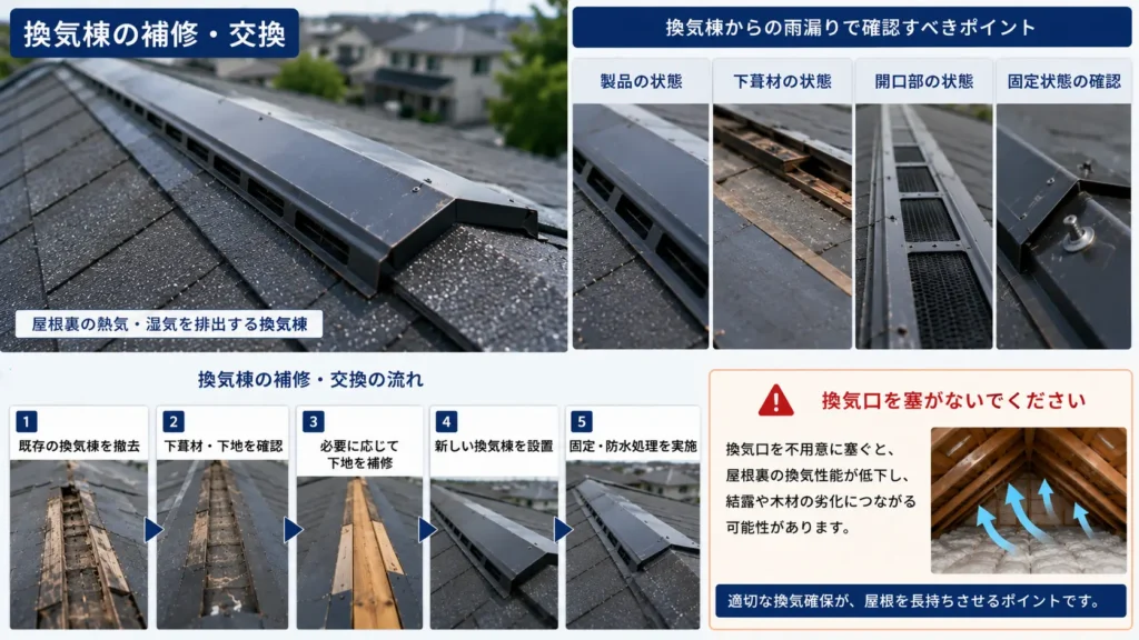 換気棟の補修・交換手順と雨漏り時の確認箇所を示した画像
