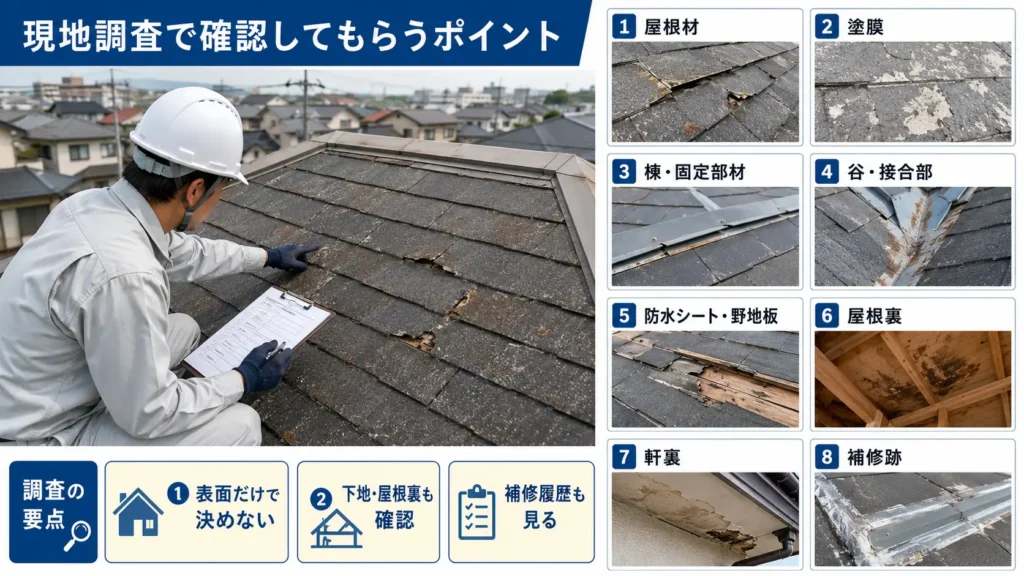 屋根材や塗膜、防水シート、屋根裏など現地調査で確認する箇所を示した画像