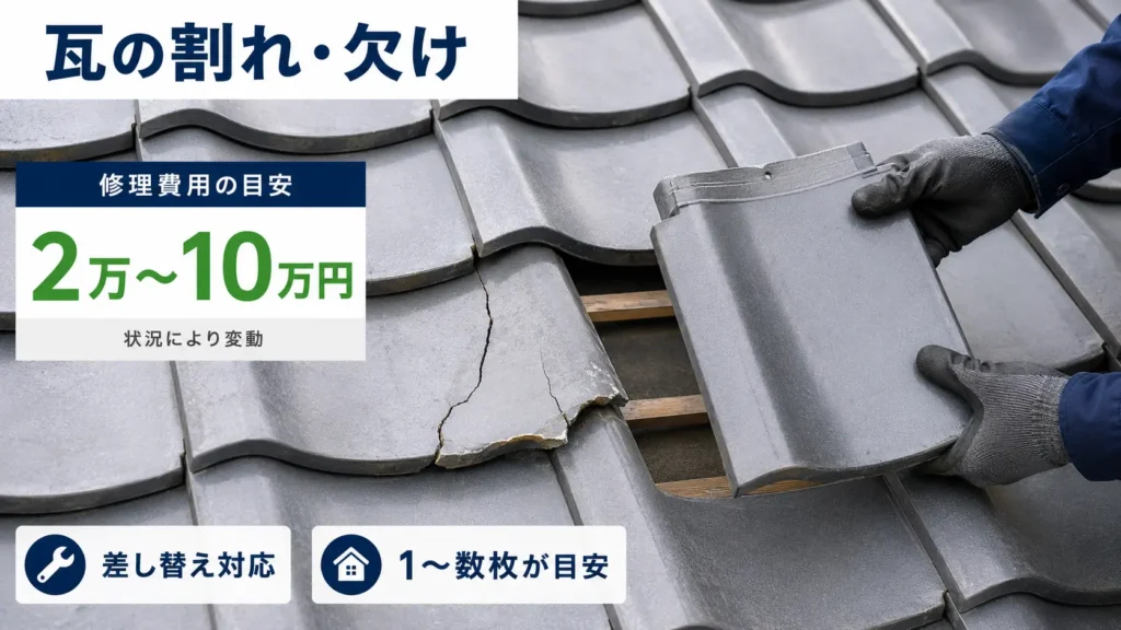 割れや欠けが出た瓦の差し替え修理と費用目安を示した画像