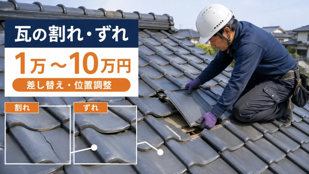 割れた瓦とずれた瓦の例を示しながら、差し替え・位置調整による修理費用の目安を写真風で分かりやすく伝える画像