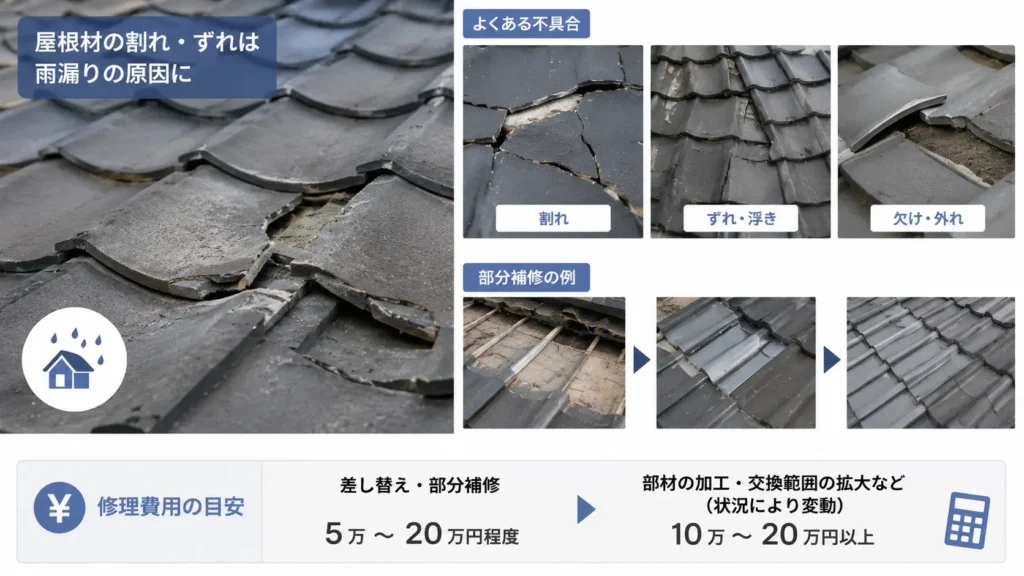 瓦やスレートの割れ、ずれ、欠けによって雨水が入りやすくなる状態と、屋根材の差し替え・部分補修の費用目安を示した画像