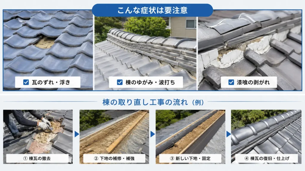 瓦のずれや棟のゆがみ、漆喰の剥がれと棟の取り直し工事の流れを示した画像