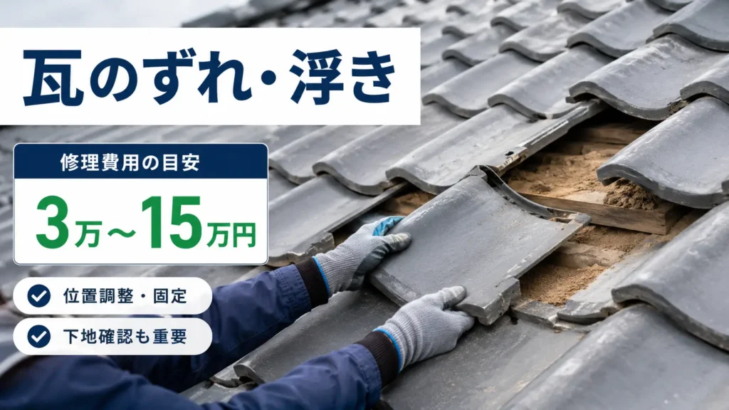 ずれや浮きが出た瓦の補修方法と修理費用の目安を示した画像