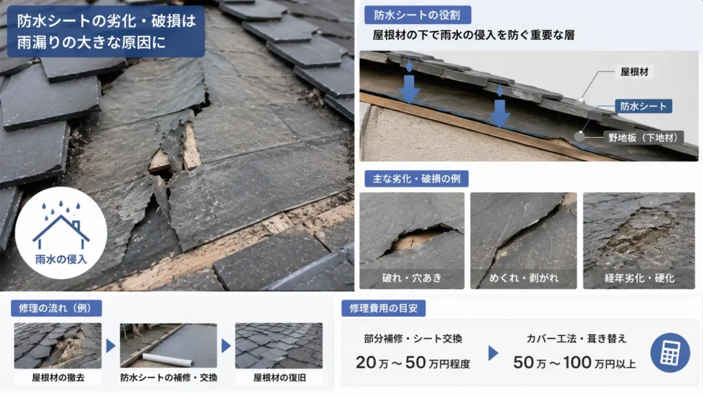 屋根材の下にある防水シートの破れ、剥がれ、経年劣化と、部分補修・交換、カバー工法・葺き替えの費用目安を示した画像