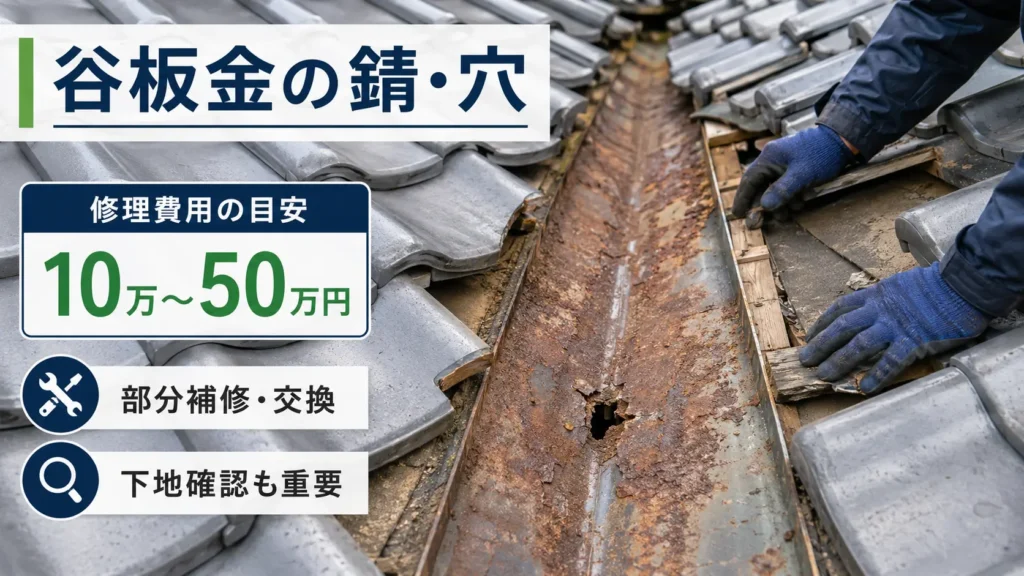 谷板金の錆や穴あきによる補修・交換と費用目安を示した画像