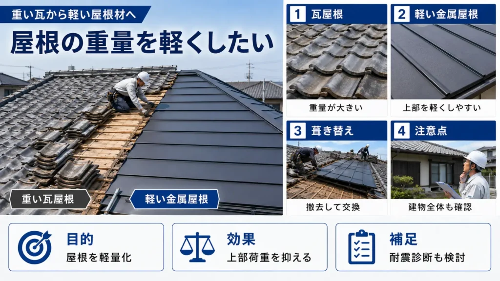 重い瓦屋根を軽量な金属屋根へ葺き替え、屋根の重量を抑える工事を示した画像