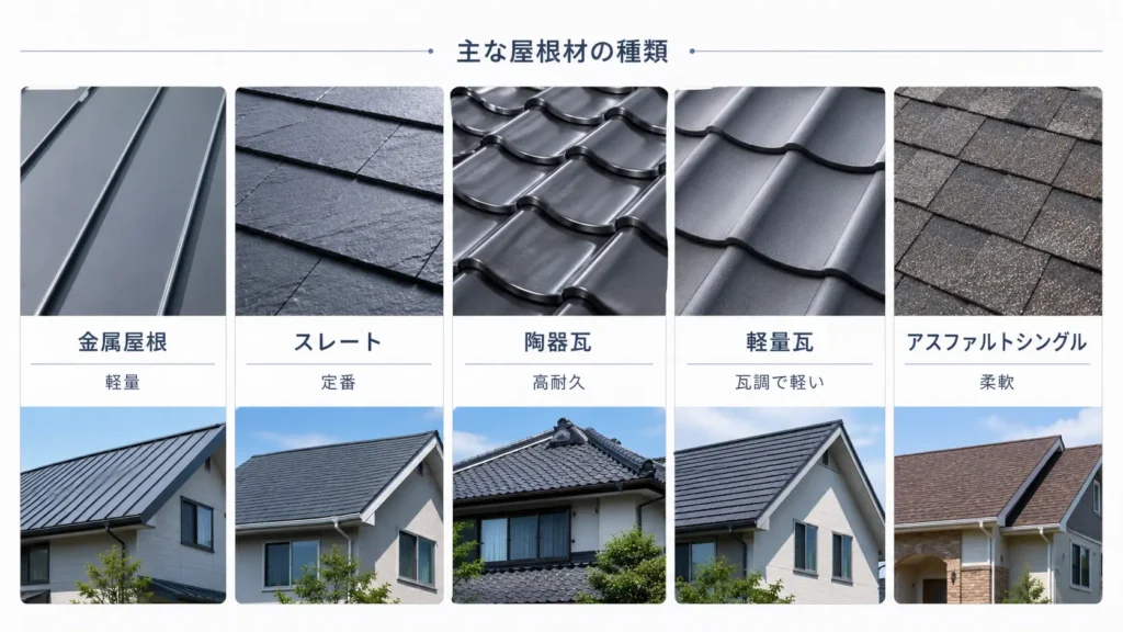 金属屋根・スレート・陶器瓦・軽量瓦・アスファルトシングルの素材感と施工例を比較した画像