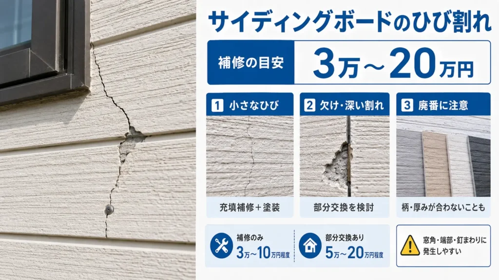 サイディングボードのひび割れについて、小さなひび・欠けや深い割れ・廃番による交換時の注意点と、補修費用3万〜20万円の目安を示した画像