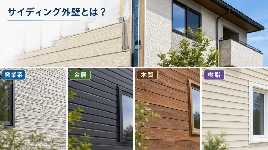 サイディング外壁の種類として、窯業系・金属・木質系・樹脂系の特徴を比較した画像