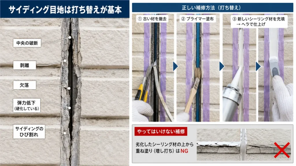 劣化したサイディング目地の症状と、既存材の撤去から新しいコーキング充填までの打ち替え手順を示した画像