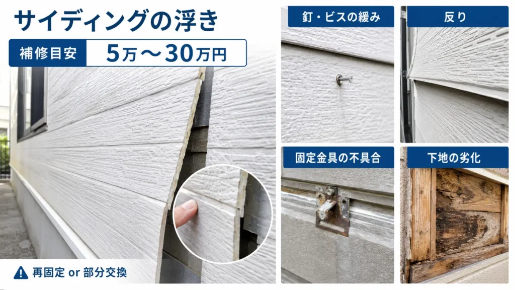 サイディング外壁の浮きと、釘・ビスの緩みや固定金具の不具合、下地劣化などの原因を示した画像