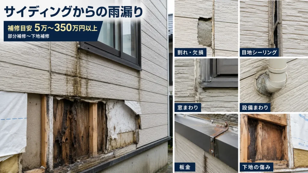 サイディング外壁の雨漏り原因となる割れ・目地・窓まわり・設備・板金・下地の傷みを示した画像