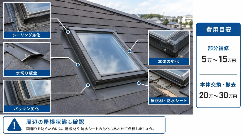 天窓からの雨漏り原因として、シーリング、水切り板金、パッキン、天窓本体、屋根材や防水シートの劣化と修理費用の目安を示した画像