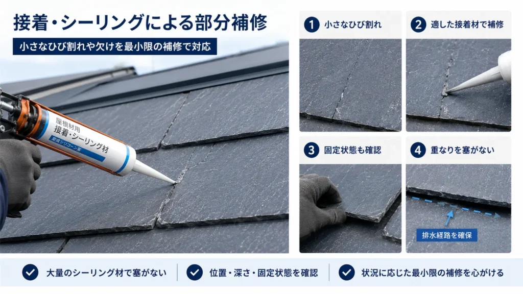 スレート屋根の小さなひび割れを、接着材やシーリング材で部分補修する方法を示した画像