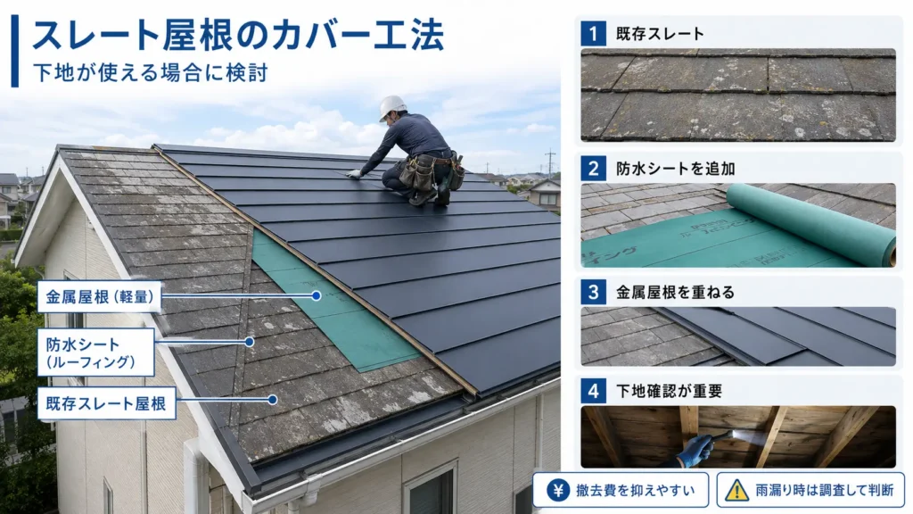 既存のスレート屋根の上に防水シートと金属屋根を重ねるカバー工法を示した画像