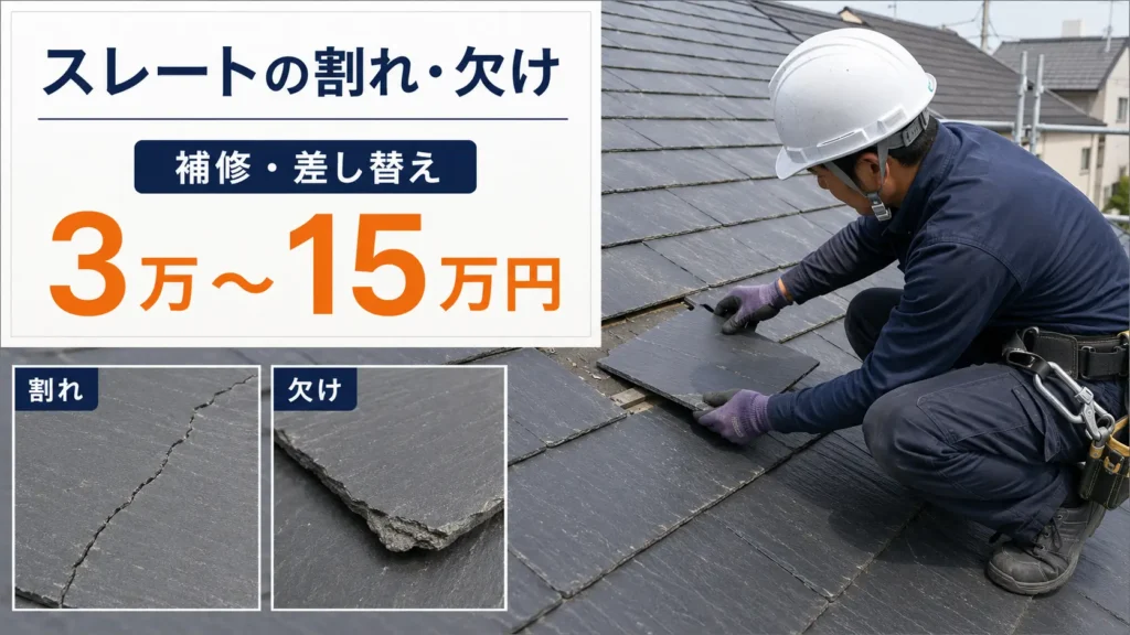 スレート屋根の割れや欠けの症状と、補修・差し替えによる修理費用の目安を写真風で分かりやすく示した画像