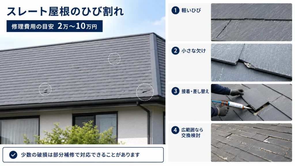 スレート屋根のひび割れや小さな欠けの症状と、部分補修・差し替えの修理方法を示した画像