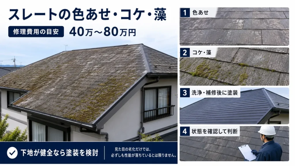 スレート屋根の色あせ・コケ・藻の症状と、洗浄・補修後に塗装を検討する流れを示した画像