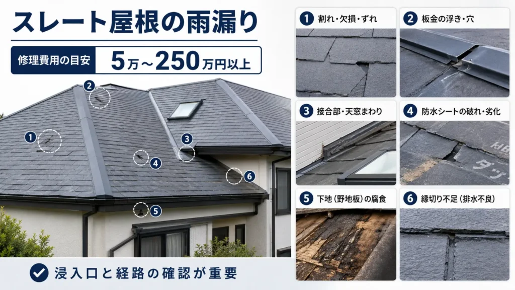 スレート屋根の割れ・板金・防水シート・下地など、雨漏りの主な原因を示した画像