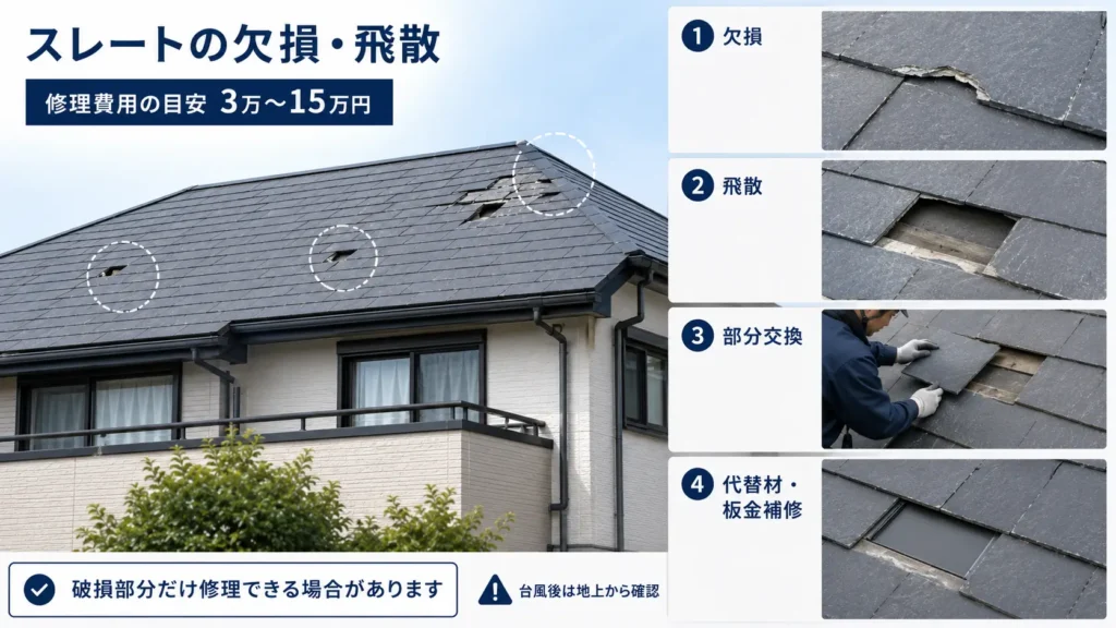 スレート屋根の欠損や飛散の症状と、部分交換・代替材補修の方法を示した画像