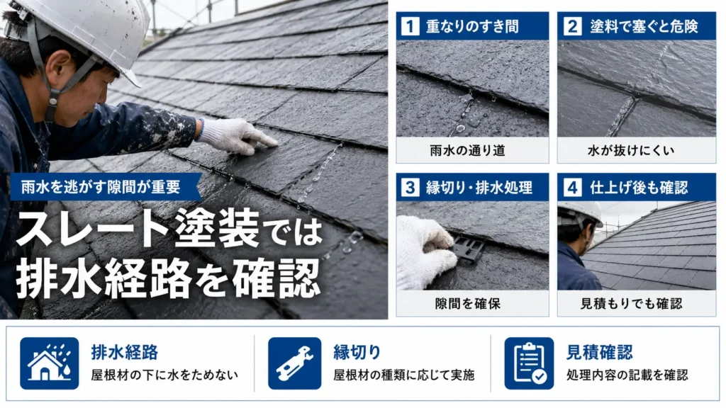 スレート屋根塗装で排水経路や縁切りの確認ポイントを示した画像