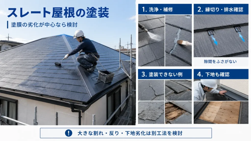 スレート屋根の塗装工程と、縁切りや排水確認、塗装できない劣化状態を示した画像