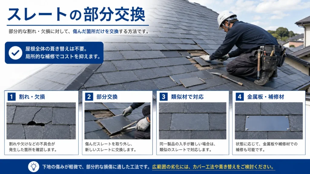 割れや欠損のあるスレートを部分交換し、類似材や金属板で補修する方法を示した画像