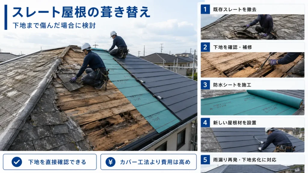 既存スレートを撤去し、下地補修・防水シート施工・新しい屋根材設置を行う葺き替え工程の画像