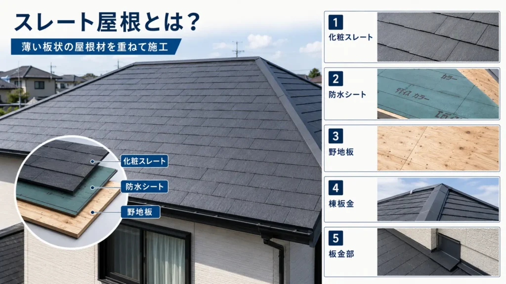 スレート屋根の構造と、化粧スレート・防水シート・野地板・棟板金などの各部材を示した画像