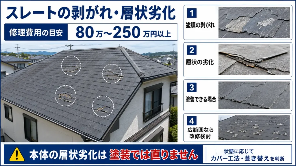スレート屋根の塗膜剥がれと層状劣化の違い、カバー工法・葺き替えの判断を示した画像