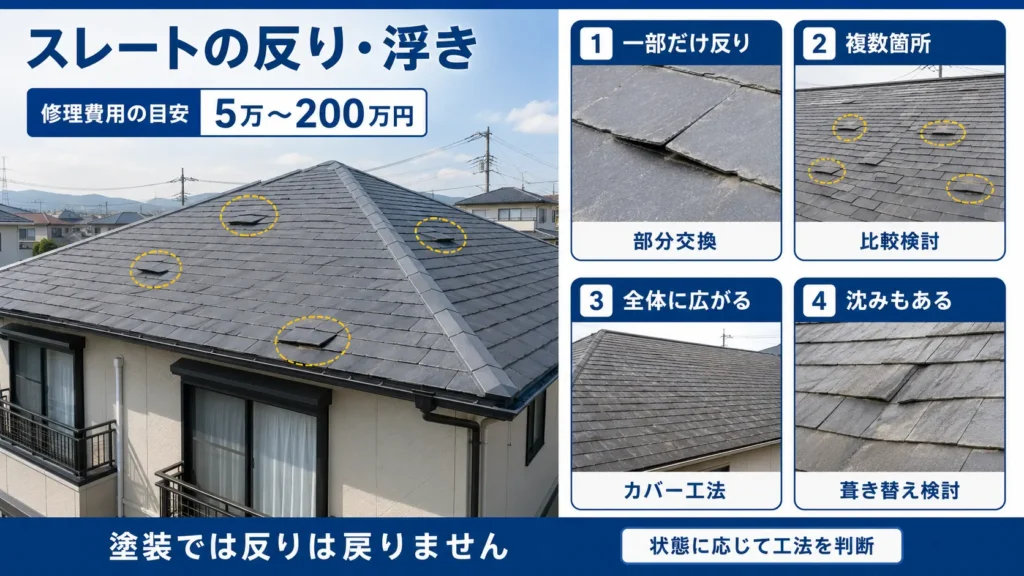 スレート屋根の反り・浮きの範囲と、部分交換・カバー工法・葺き替えの判断を示した画像