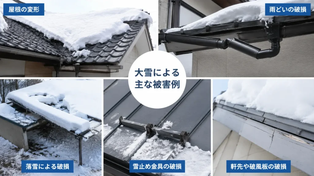 大雪による屋根の変形、雨どい・雪止め金具・軒先・カーポートの破損を示した画像