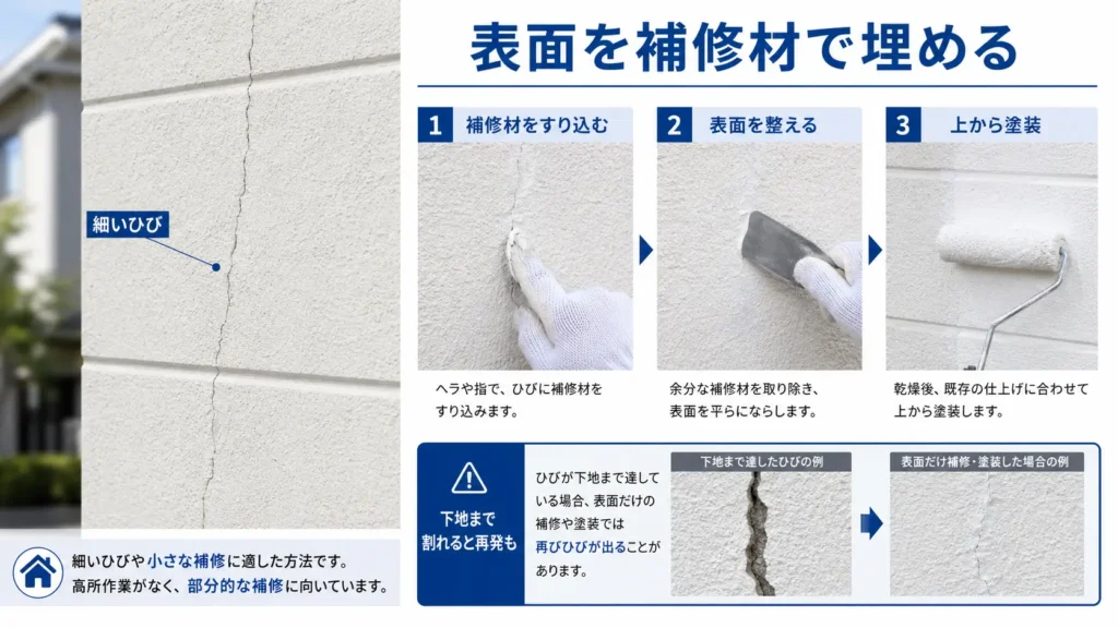 外壁の細いひび割れに補修材をすり込み、表面を整えてから上塗りする補修方法と、下地まで割れている場合の注意点を写真付きで示した画像