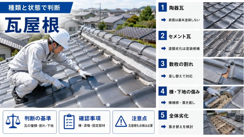 瓦屋根の種類や劣化状態に応じた点検・差し替え・棟補修・葺き替えの判断を示した画像