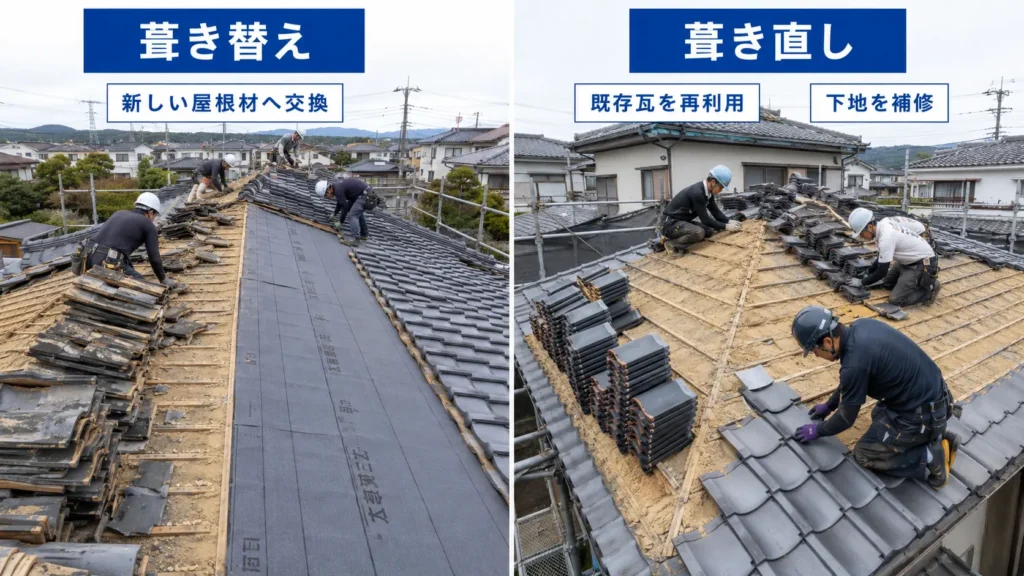 瓦屋根の葺き替えと葺き直しの違いを比較した画像。葺き替えは古い瓦を処分して新しい屋根材へ交換し、葺き直しは既存瓦を再利用しながら下地を補修する工事であることを示している。
