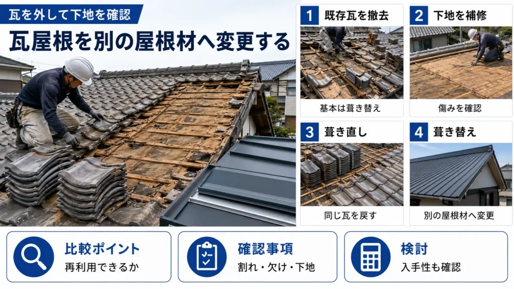 瓦を再利用する葺き直しと、別の屋根材へ変更する葺き替えを比較した画像
