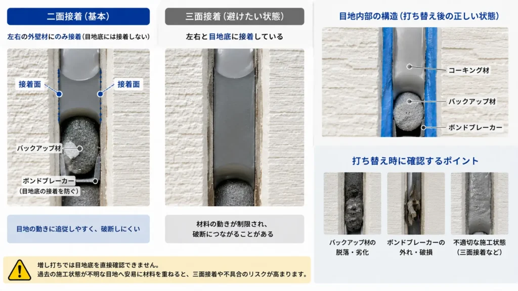 サイディング目地の二面接着と三面接着の違い、バックアップ材とボンドブレーカーの役割を示した画像