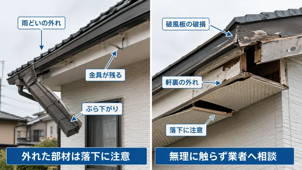 台風で外れた雨どいや破風板、軒裏の破損と落下注意を示した画像