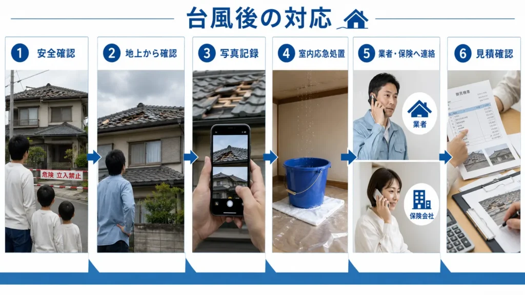 台風で屋根が壊れた後の安全確認、写真記録、応急処置、連絡、見積確認の流れを示した画像