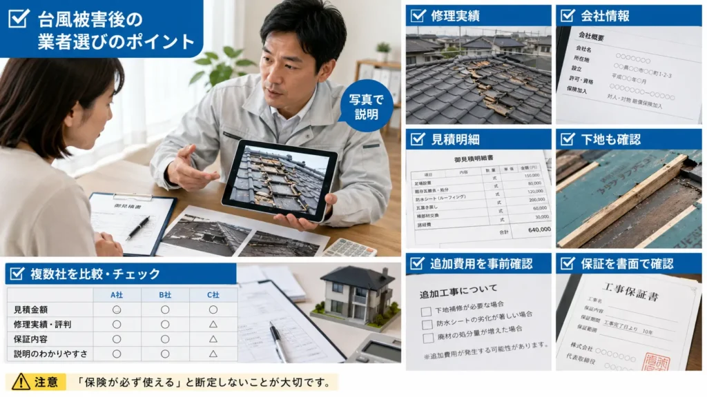 台風後の屋根修理業者を実績や見積もり、下地確認、保証内容で比較するポイントを示した画像