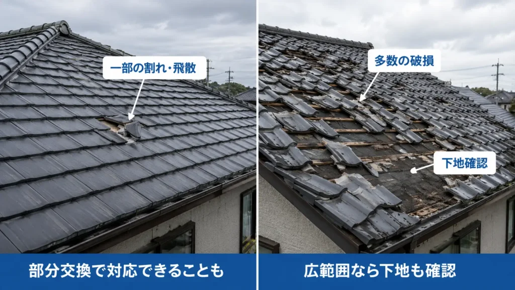 台風で瓦やスレートが割れ・飛散した屋根の一部破損と広範囲被害を比較した画像