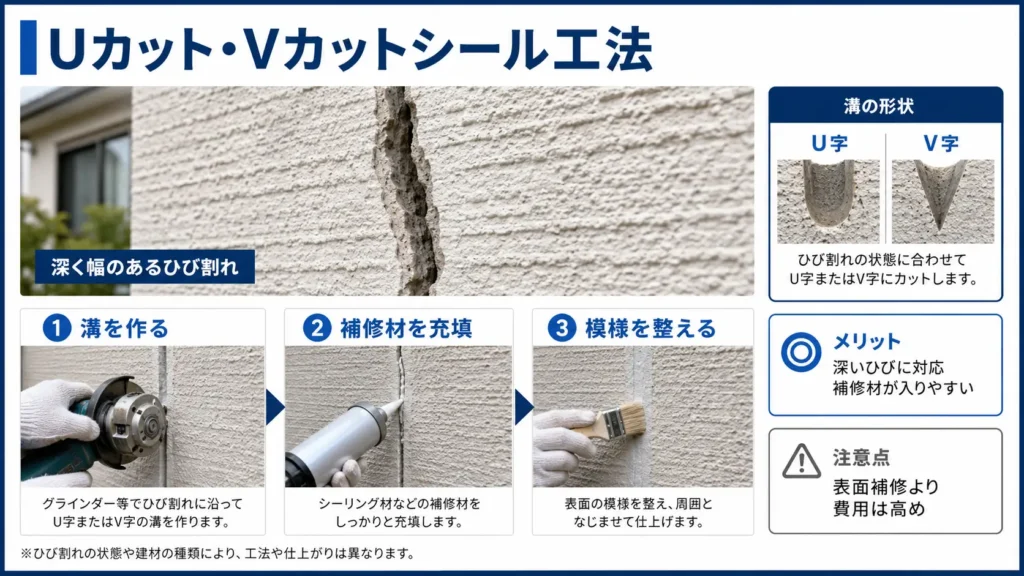 幅や深さのある外壁のひび割れに対して、Uカット・Vカットで溝を作り、補修材を充填して模様を整える補修方法と、U字・V字の溝形状の違いを示した画像