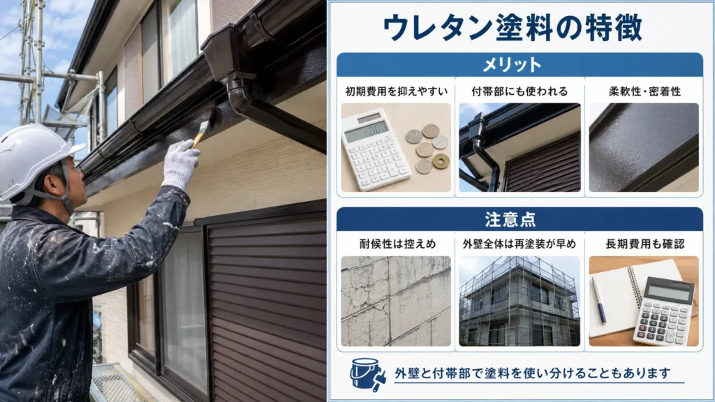 ウレタン塗料の特徴として、初期費用の安さや付帯部への使いやすさと、耐候性や再塗装周期の注意点を示した画像