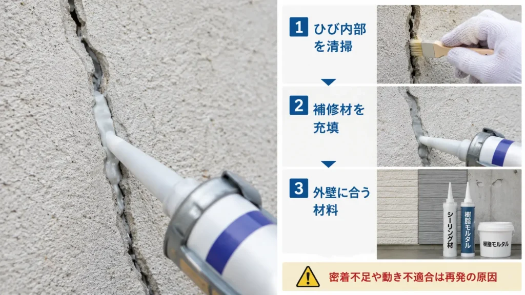 外壁のひび割れ内部を清掃し、シーリング材や樹脂モルタルを充填する補修手順と、外壁に合う材料選びの重要性を写真付きで示した画像