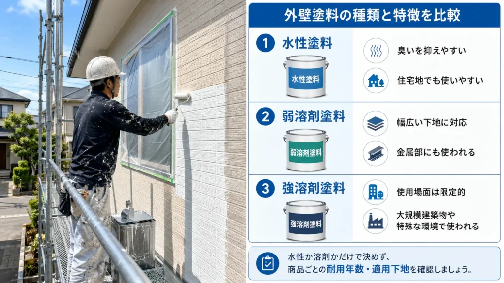 水性塗料・弱溶剤塗料・強溶剤塗料の特徴と使用場面の違いを比較した画像