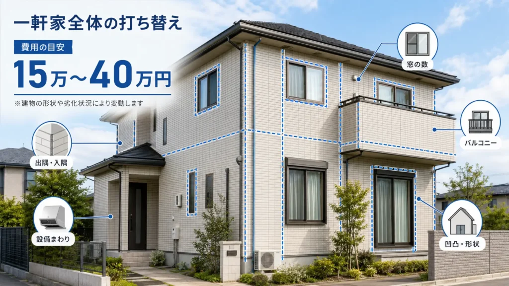 一軒家全体のコーキング打ち替え費用と施工距離に影響する箇所を示した画像