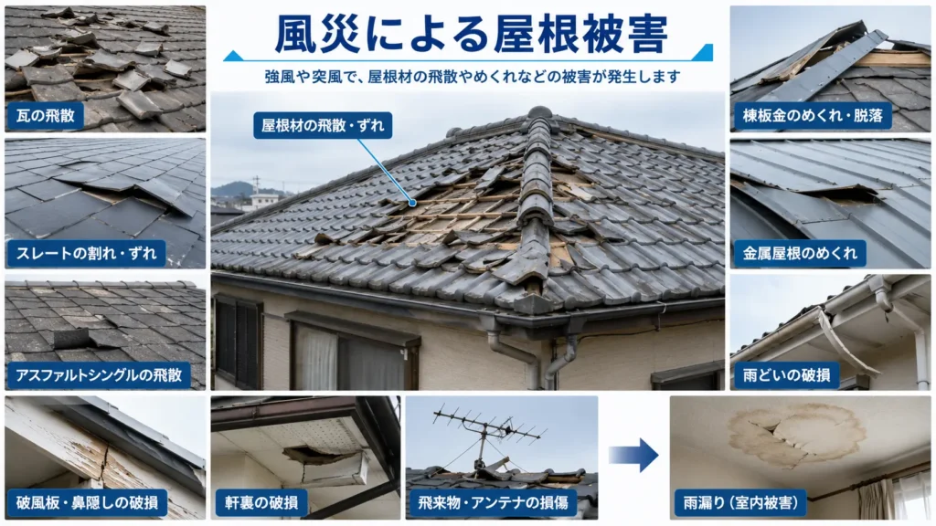 台風や強風による瓦の飛散、棟板金のめくれ、雨どい破損、雨漏りなどの屋根被害を示した画像
