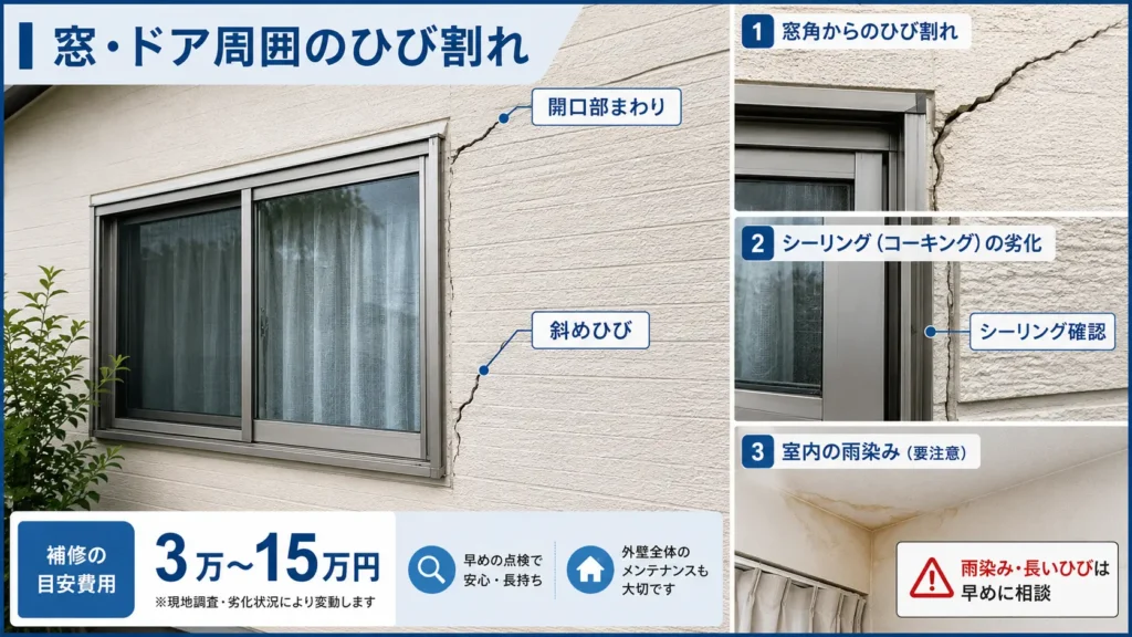 窓やドアの開口部まわりに発生するひび割れについて、斜めひびやシーリング劣化、室内の雨染みなどの注意点と補修費用3万〜15万円の目安を示した画像