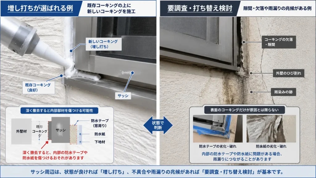 サッシ周辺のコーキングで、増し打ちが可能な状態と打ち替え・雨漏り調査が必要な状態を比較した画像