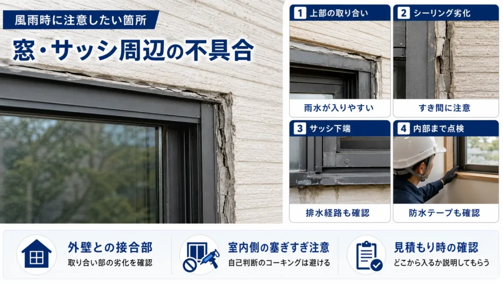 窓・サッシ周辺のシーリング劣化や雨水の侵入箇所を示した画像